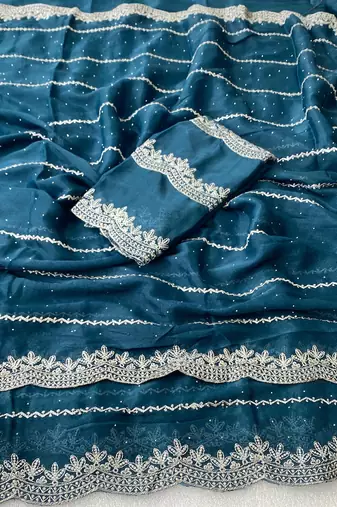 Petrol blue zari embroidery work star georgette saree with blouse