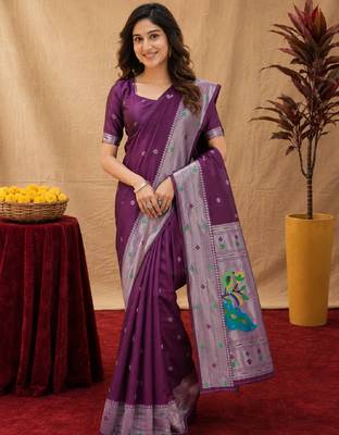 Wine art silk blend banarasi jacuard work pethani saree with unstitched blouse piece 1