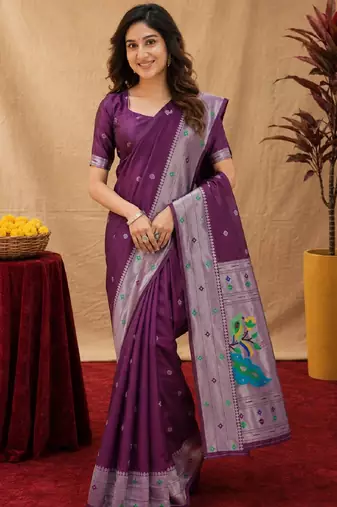 Wine art silk blend banarasi jacuard work pethani saree with unstitched blouse piece