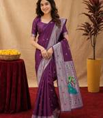 Wine art silk blend banarasi jacuard work pethani saree with unstitched blouse piece