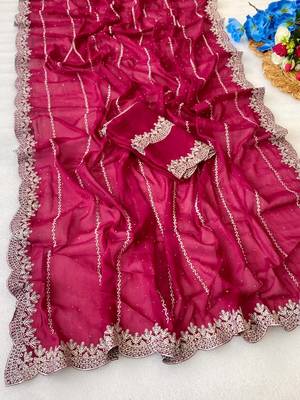 Pink zari embroidery work star georgette saree with blouse 1