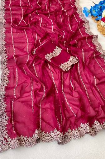 Pink zari embroidery work star georgette saree with blouse