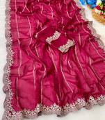 Pink zari embroidery work star georgette saree with blouse