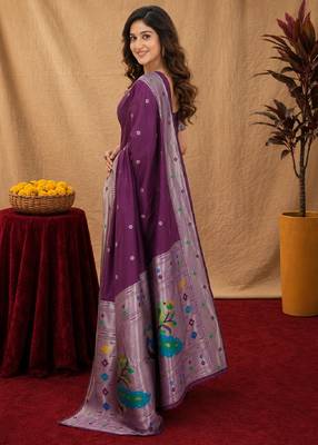 Wine art silk blend banarasi jacuard work pethani saree with unstitched blouse piece 2