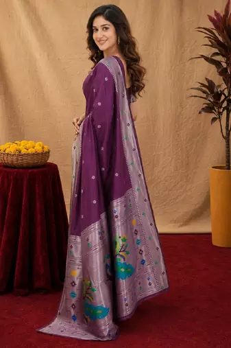 Wine art silk blend banarasi jacuard work pethani saree with unstitched blouse piece