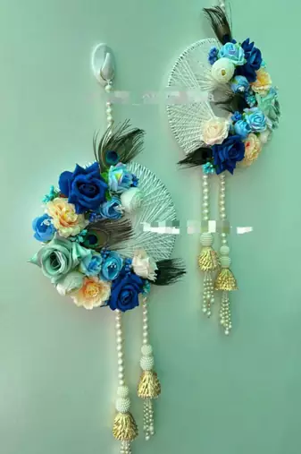 handmade blue floral peacock feather door hanging toran for home diwali wedding decoration (pack of 2)
