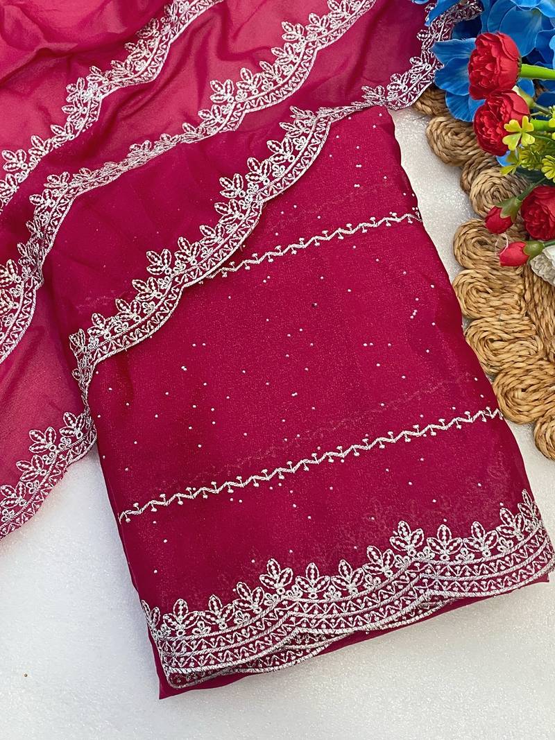 Pink zari embroidery work star georgette saree with blouse