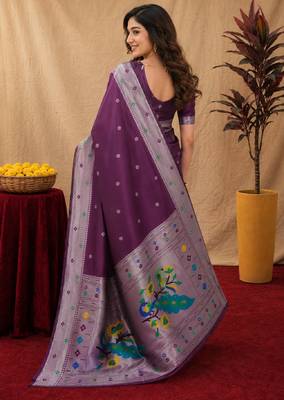 Wine art silk blend banarasi jacuard work pethani saree with unstitched blouse piece 3