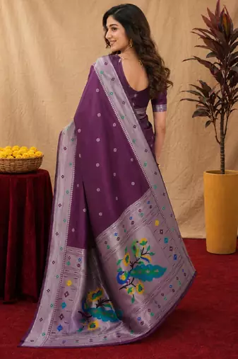 Wine art silk blend banarasi jacuard work pethani saree with unstitched blouse piece