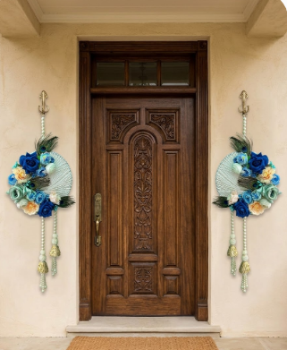 handmade blue floral peacock feather door hanging toran for home diwali wedding decoration (pack of 2) 2