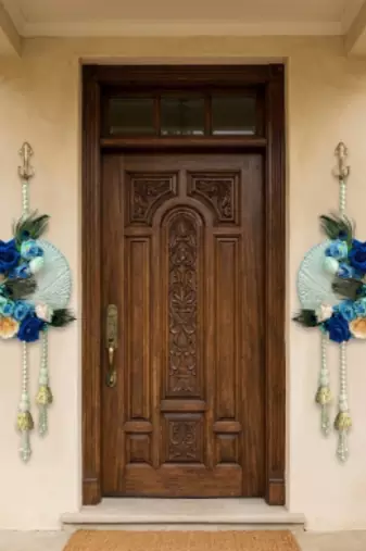 handmade blue floral peacock feather door hanging toran for home diwali wedding decoration (pack of 2)
