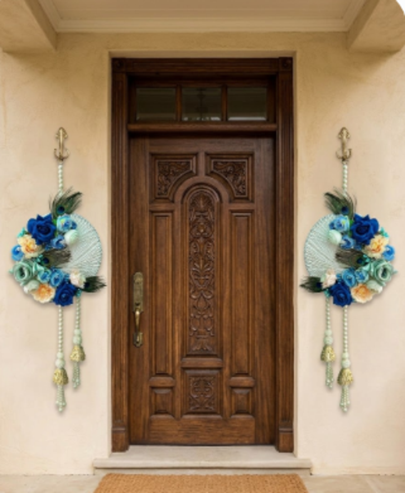 handmade blue floral peacock feather door hanging toran for home diwali wedding decoration (pack of 2)