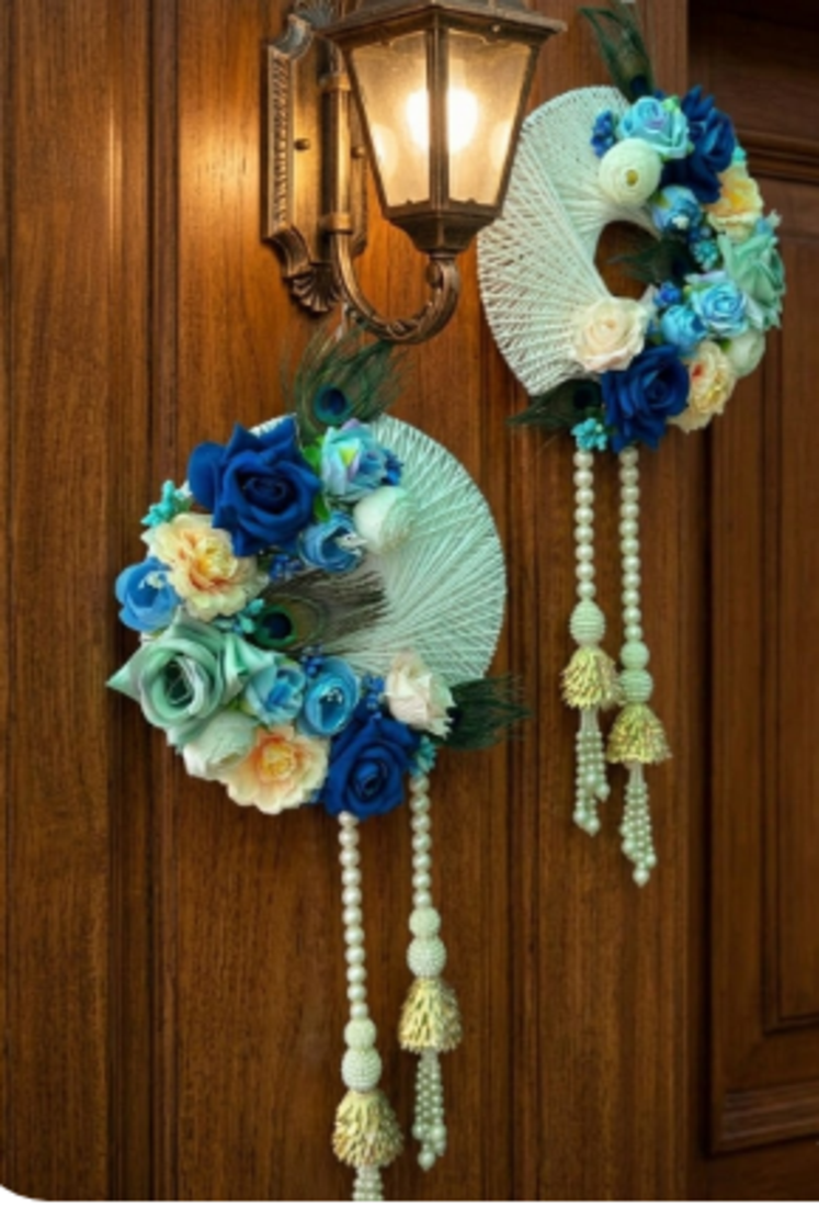 handmade blue floral peacock feather door hanging toran for home diwali wedding decoration (pack of 2)