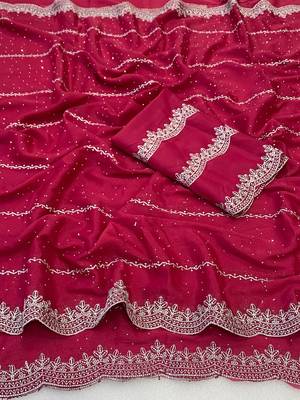Pink zari embroidery work star georgette saree with blouse 3