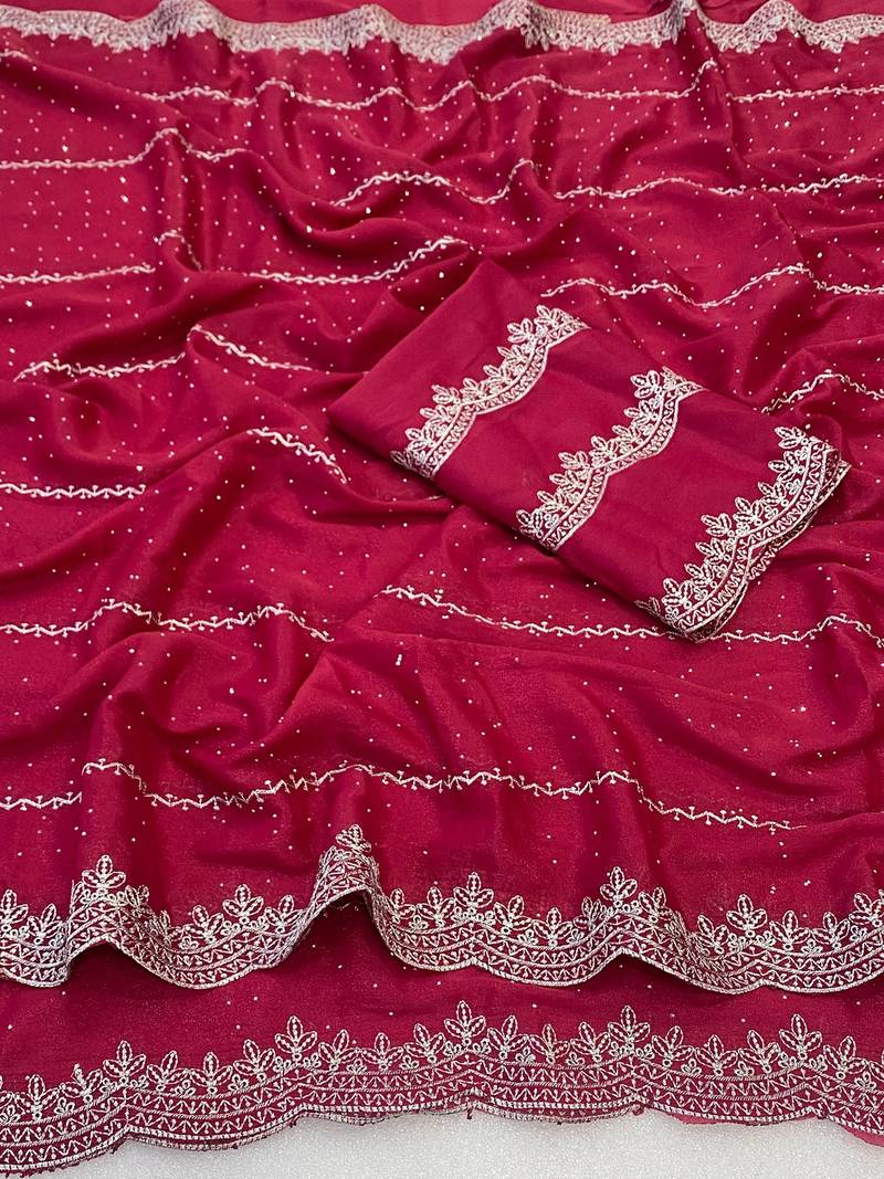 Pink zari embroidery work star georgette saree with blouse