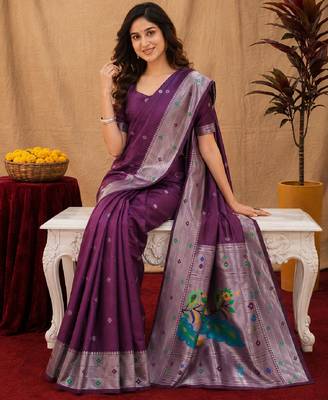 Wine art silk blend banarasi jacuard work pethani saree with unstitched blouse piece 4