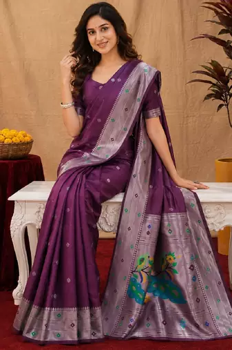 Wine art silk blend banarasi jacuard work pethani saree with unstitched blouse piece