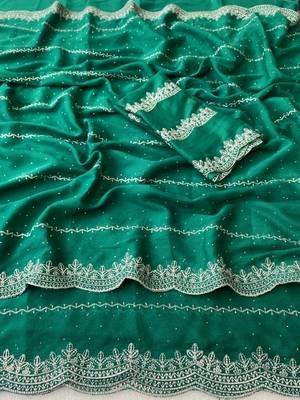 Rama green zari embroidery work star georgette saree with blouse 1