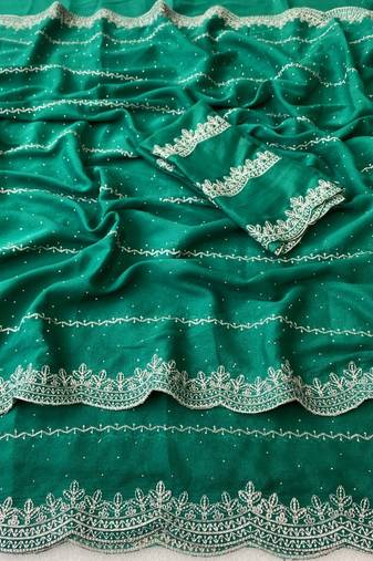 Rama green zari embroidery work star georgette saree with blouse