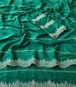 Rama green zari embroidery work star georgette saree with blouse