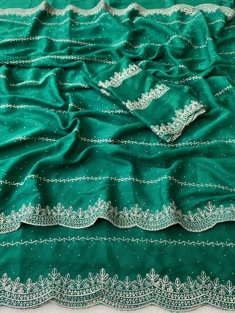 Rama green zari embroidery work star georgette saree with blouse