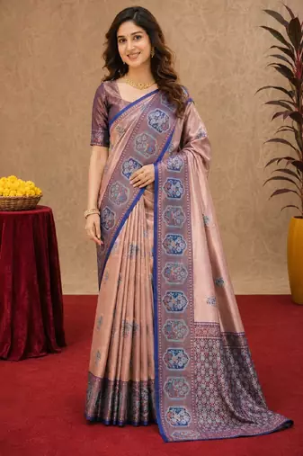 Blue rama art silk blend jacquard motif work saree with unstitched blouse piece
