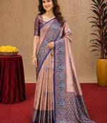 Blue rama art silk blend jacquard motif work saree with unstitched blouse piece