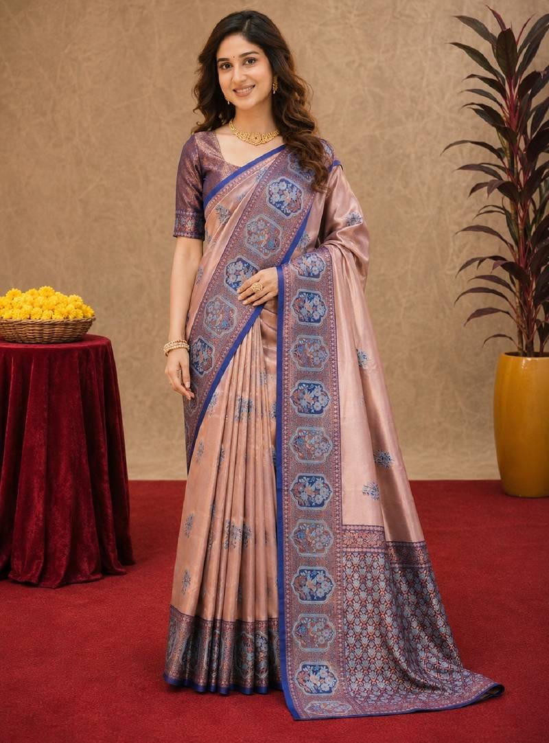Blue rama art silk blend jacquard motif work saree with unstitched blouse piece