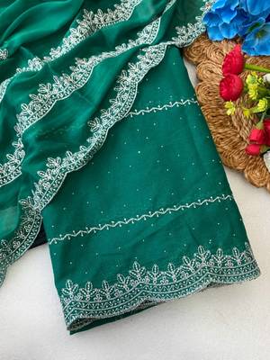 Rama green zari embroidery work star georgette saree with blouse 2