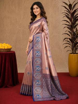 Blue rama art silk blend jacquard motif work saree with unstitched blouse piece 2