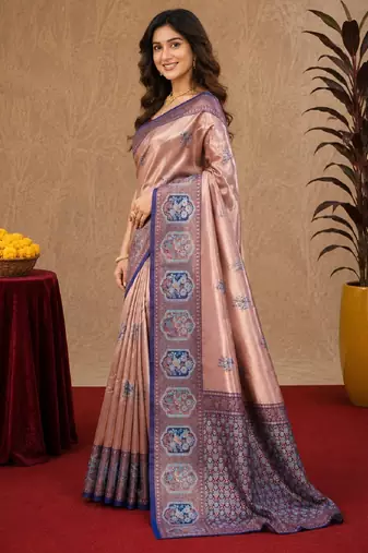 Blue rama art silk blend jacquard motif work saree with unstitched blouse piece