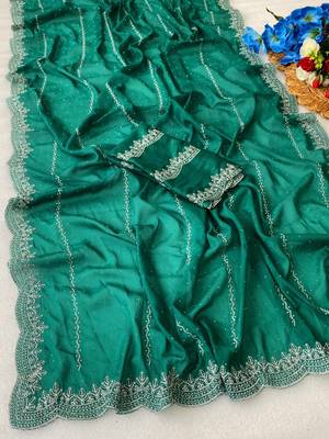 Rama green zari embroidery work star georgette saree with blouse 3