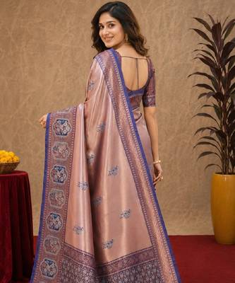 Blue rama art silk blend jacquard motif work saree with unstitched blouse piece 3