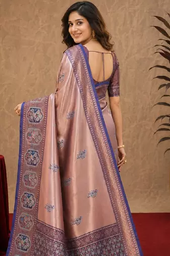 Blue rama art silk blend jacquard motif work saree with unstitched blouse piece