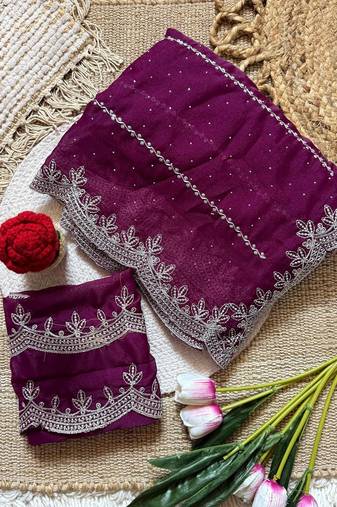 Wine zari embroidery work star georgette saree with blouse