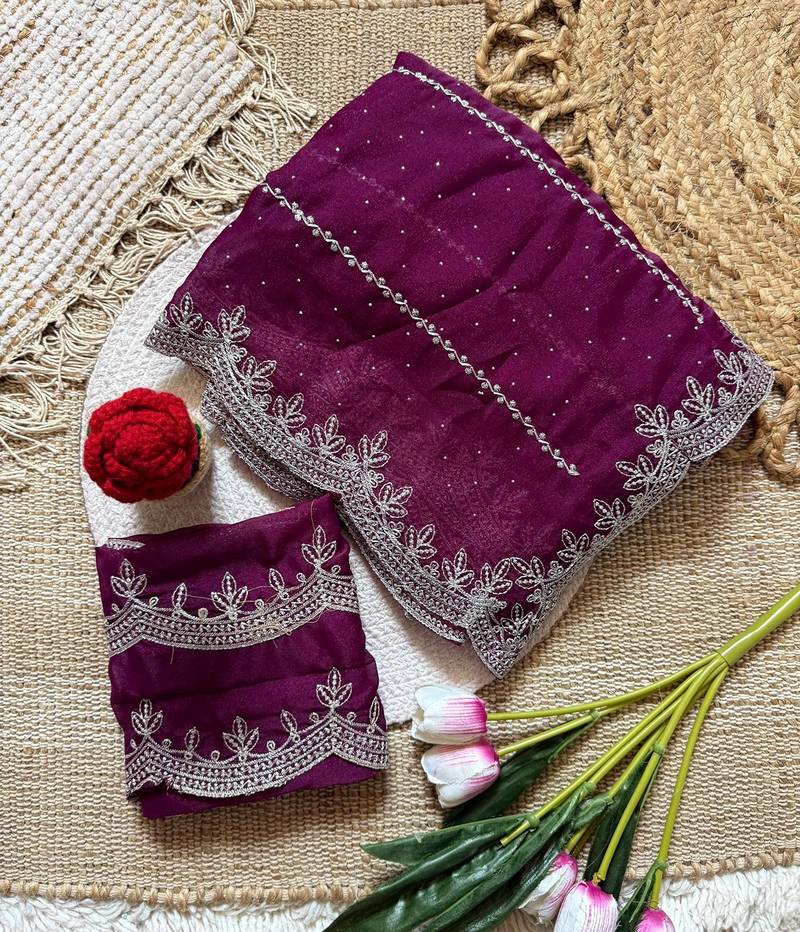 Wine zari embroidery work star georgette saree with blouse