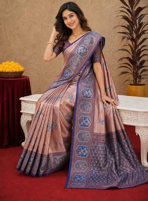 Blue rama art silk blend jacquard motif work saree with unstitched blouse piece 4