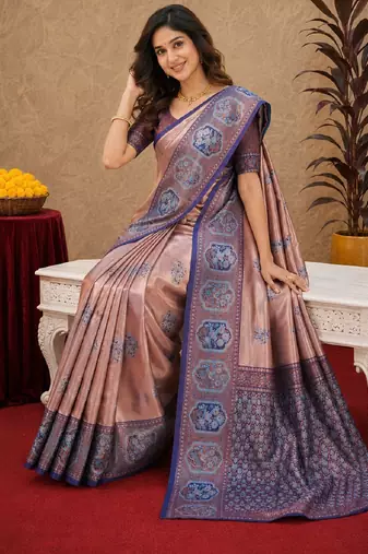 Blue rama art silk blend jacquard motif work saree with unstitched blouse piece
