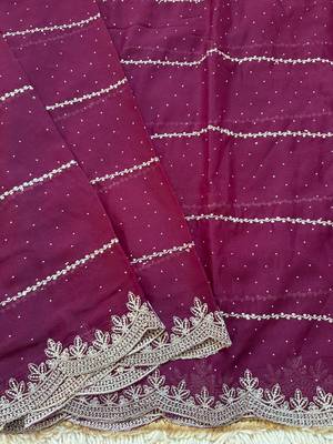Wine zari embroidery work star georgette saree with blouse 2