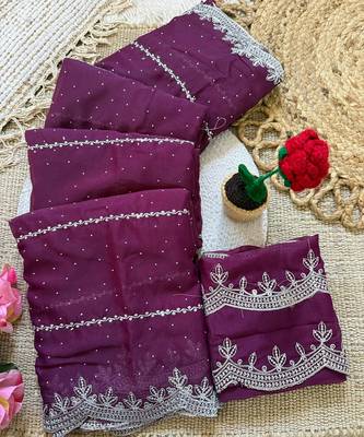 Wine zari embroidery work star georgette saree with blouse 3