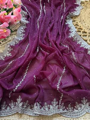 Wine zari embroidery work star georgette saree with blouse 4