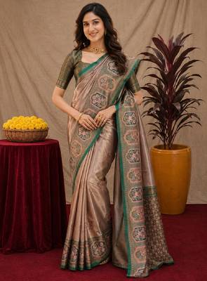 Green gajri art silk blend jacquard motif work saree with unstitched blouse piece 1