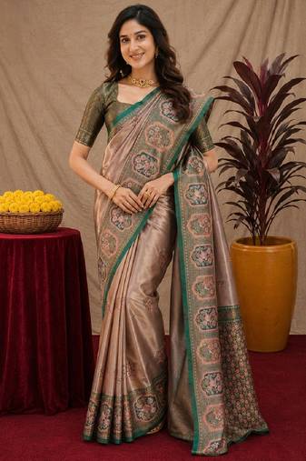 Green gajri art silk blend jacquard motif work saree with unstitched blouse piece