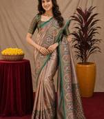 Green gajri art silk blend jacquard motif work saree with unstitched blouse piece