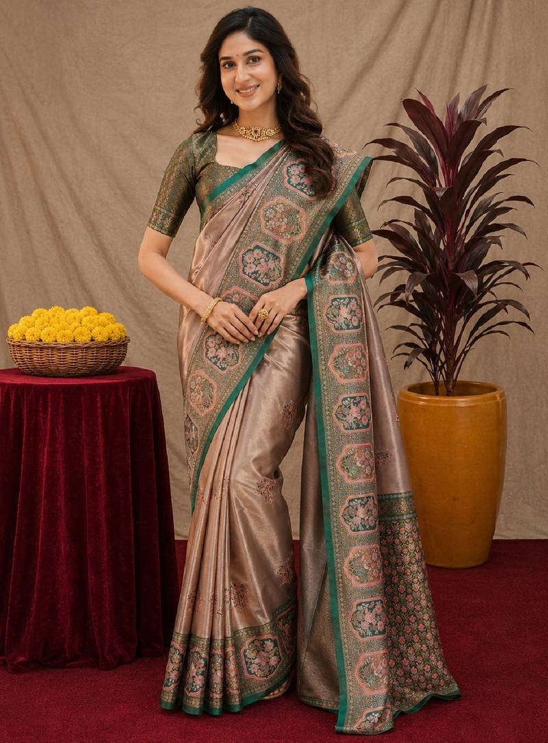 Green gajri art silk blend jacquard motif work saree with unstitched blouse piece
