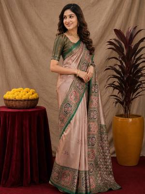 Green gajri art silk blend jacquard motif work saree with unstitched blouse piece 2