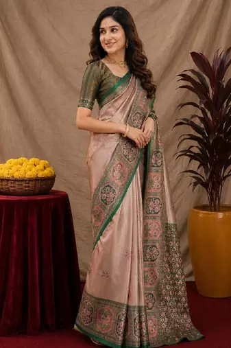 Green gajri art silk blend jacquard motif work saree with unstitched blouse piece