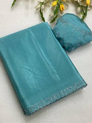 Blue zharkan stone work chinon saree with blouse 1