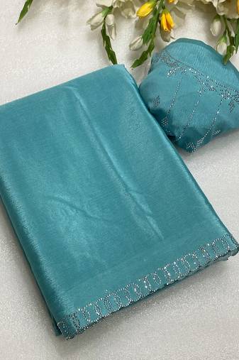 Blue zharkan stone work chinon saree with blouse