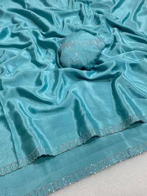 Blue zharkan stone work chinon saree with blouse 2